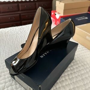 Cole Haan Glossy Black Peep-Toe Wedges